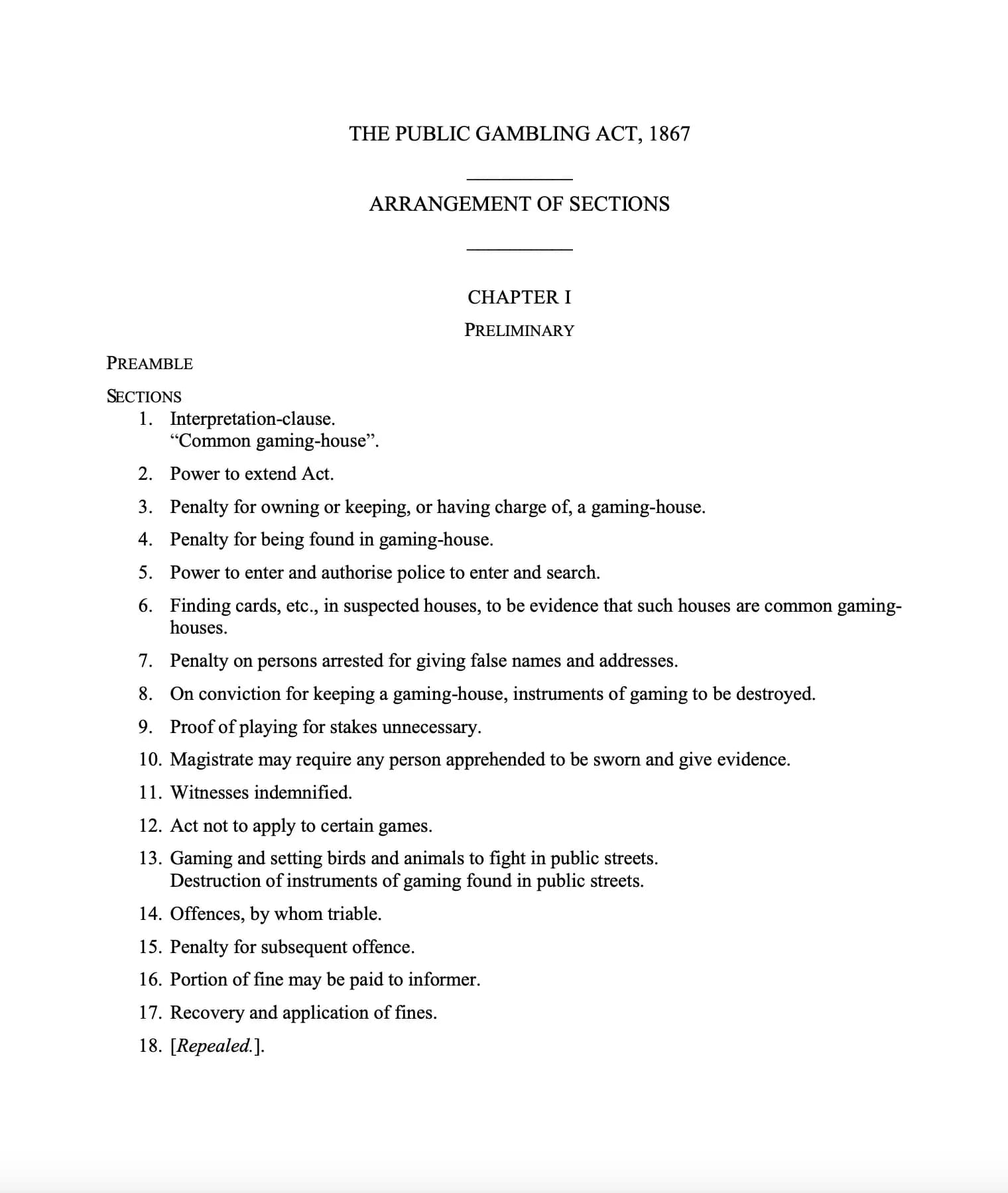 India's Public Gambling Act 1867 document showing foundational criminal law framework for gambling regulation