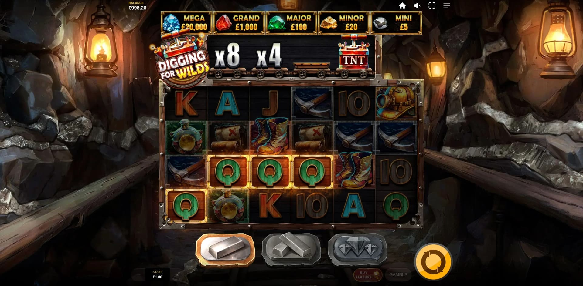 Mining cart with Dynamite Wild symbols on middle reels substituting pays