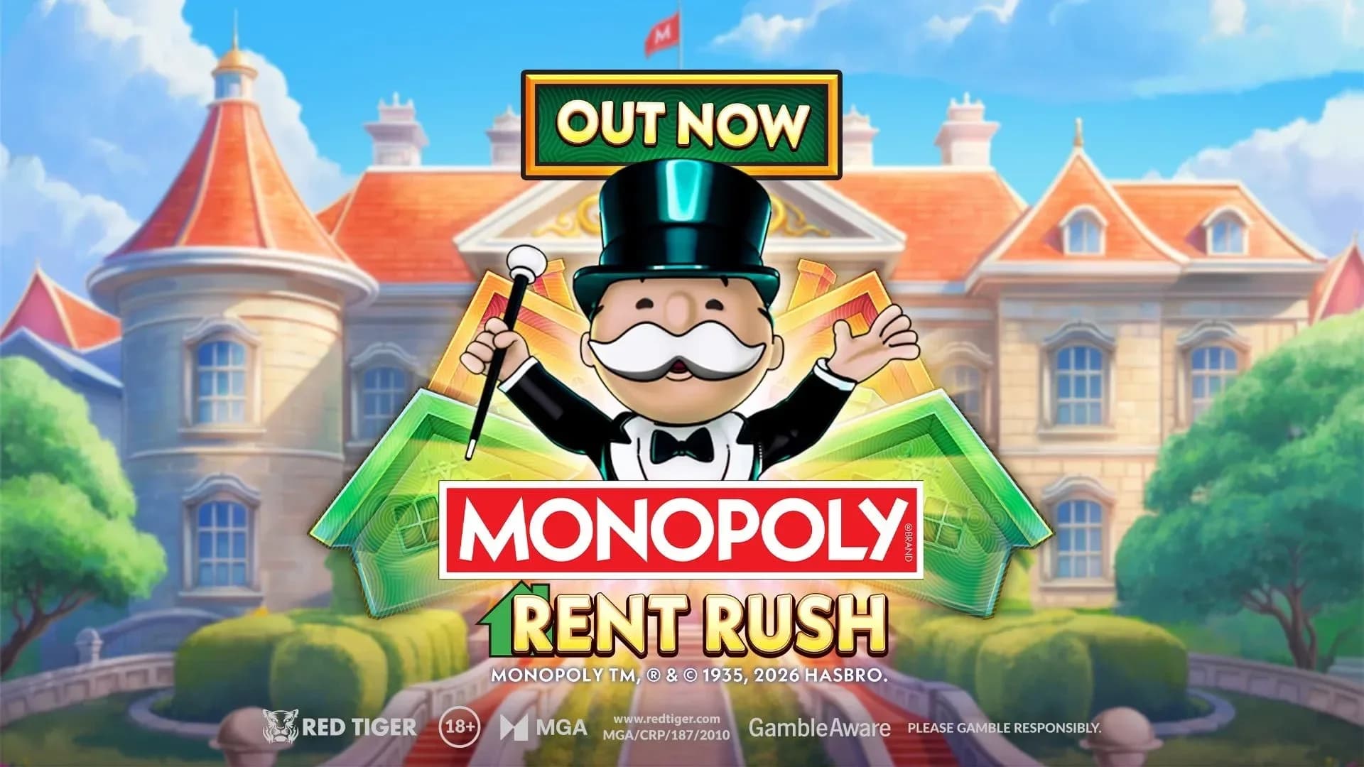 MONOPOLY Rent Rush slot gameplay showcasing standard reel structure with specialized symbols.