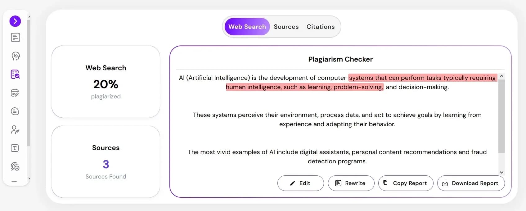 Plagiarism checker with instant results, error highlighting, and integrated editing interface