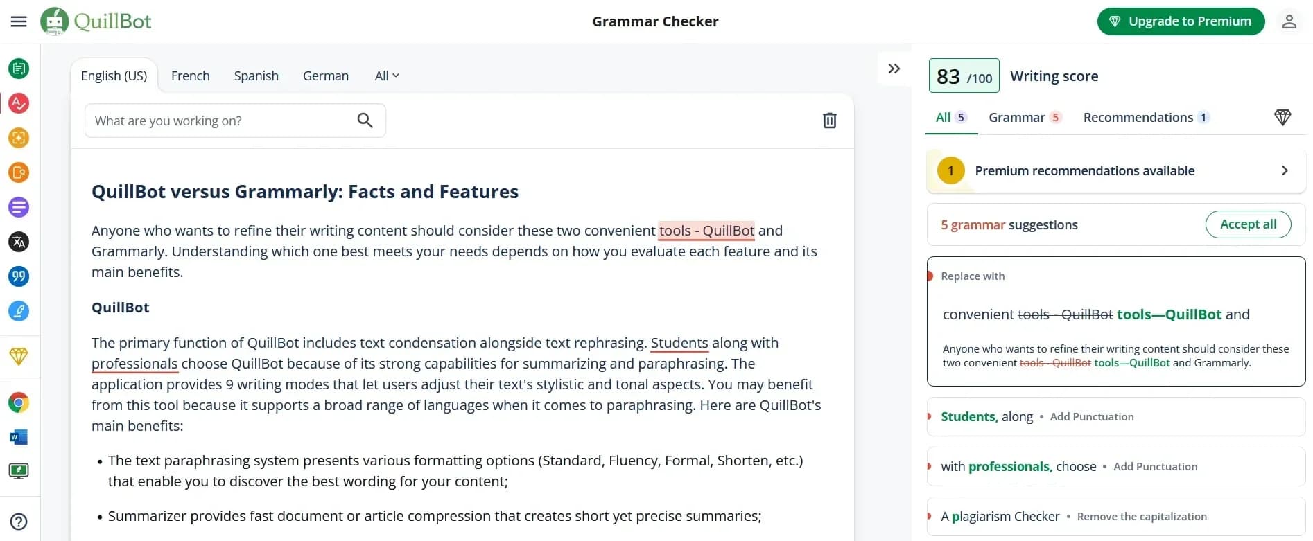 QuillBot grammar check feature with basic functionality for sentence-level improvements