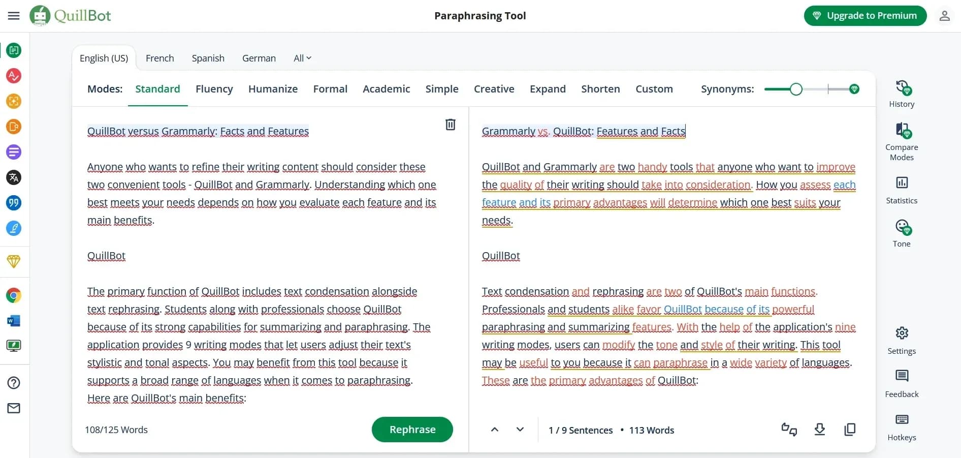 QuillBot paraphrasing tool for content rewriting with plagiarism detection capabilities