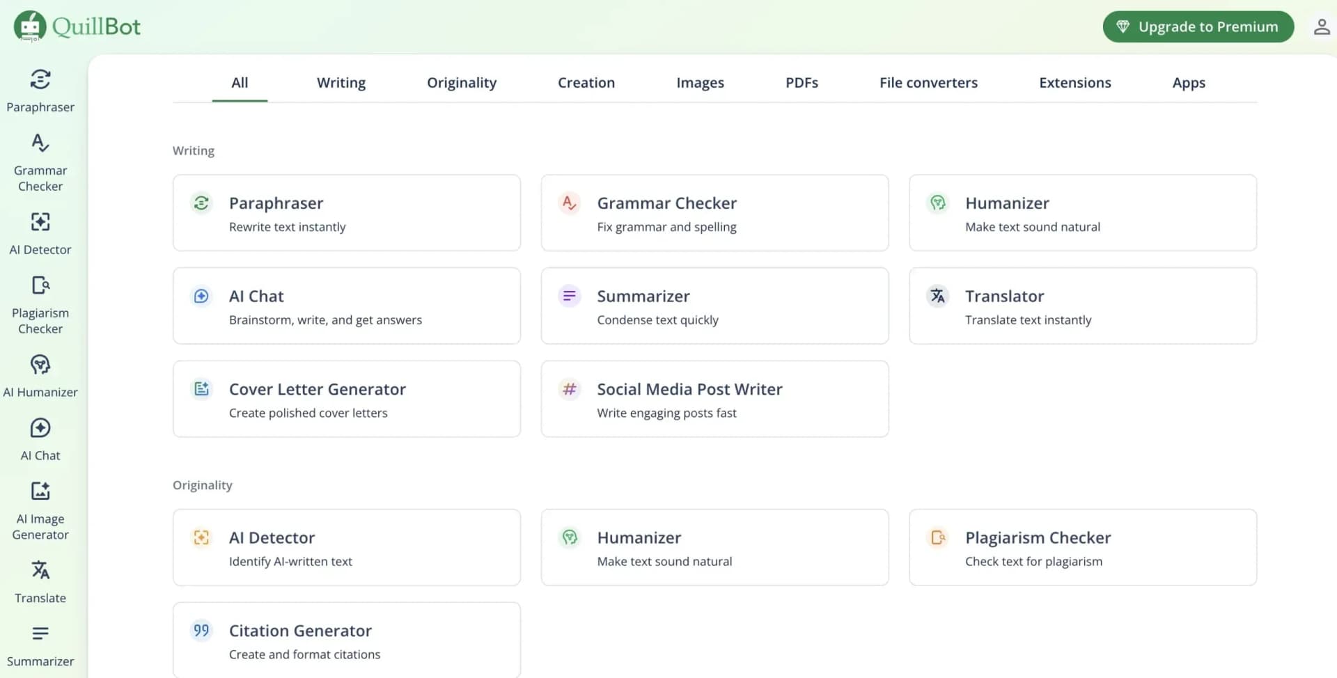 QuillBot's interface showcasing paraphrasing and grammar checking capabilities for writers