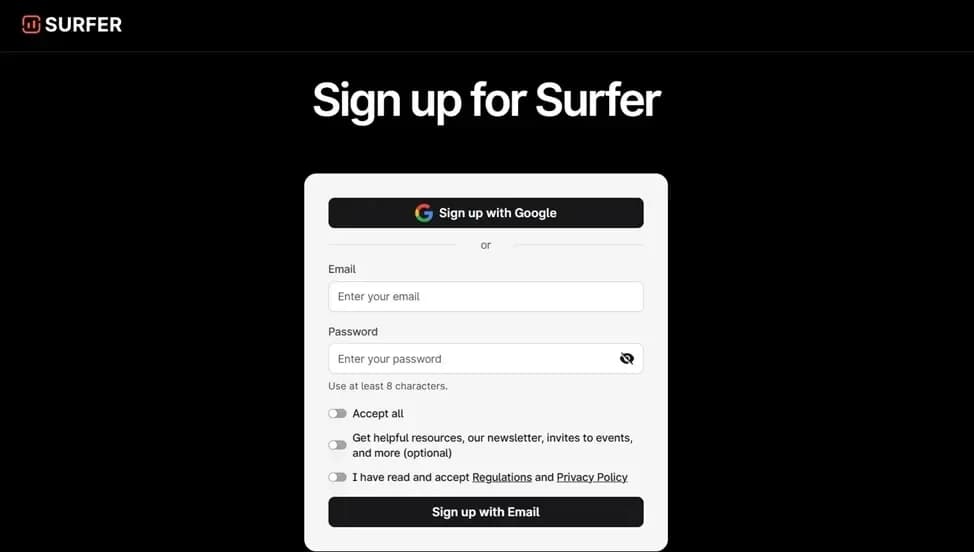 Registration window of Surfer SEO