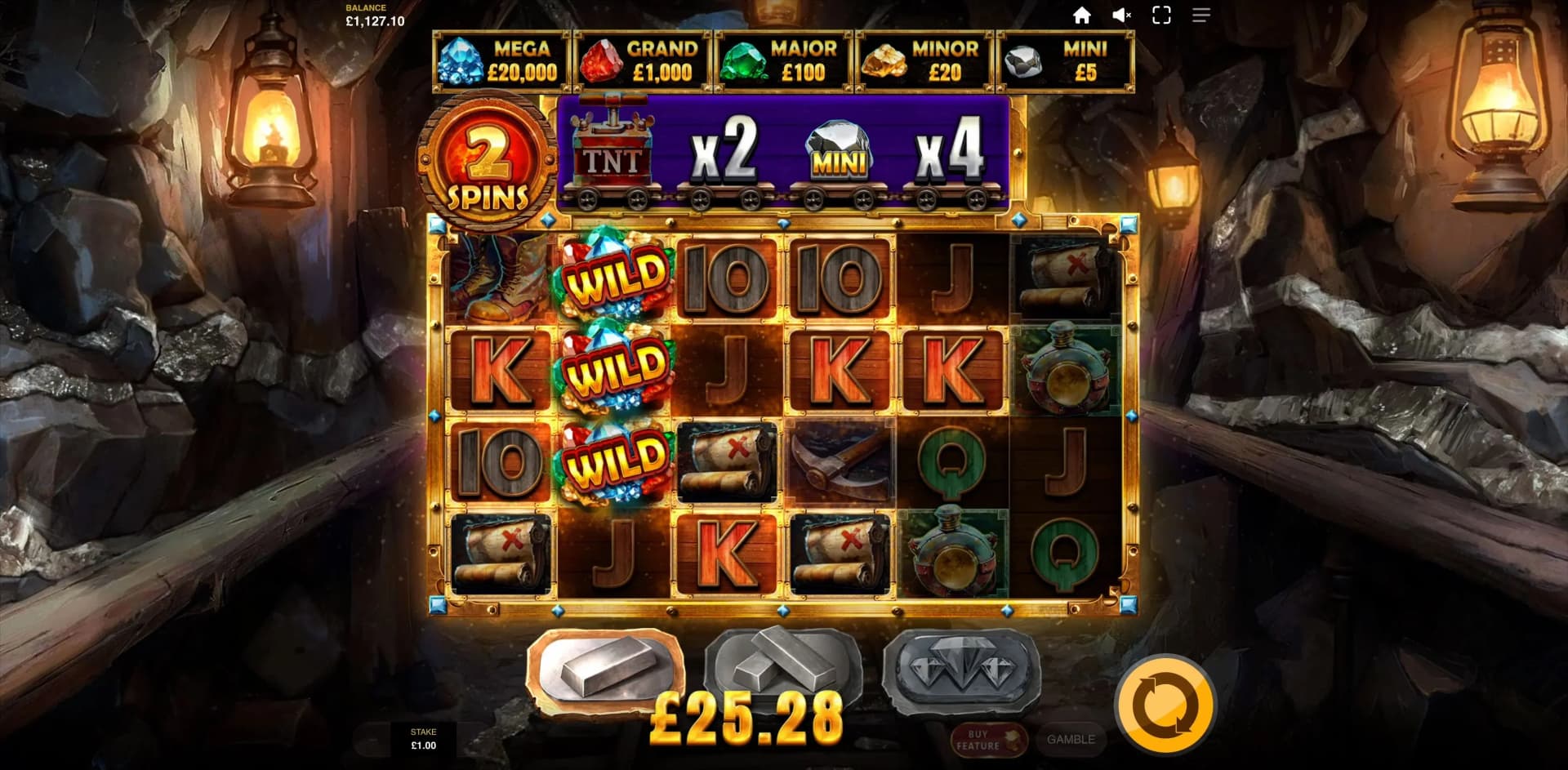 Silver Level mining stage showing vertical explosions creating Gem Wilds