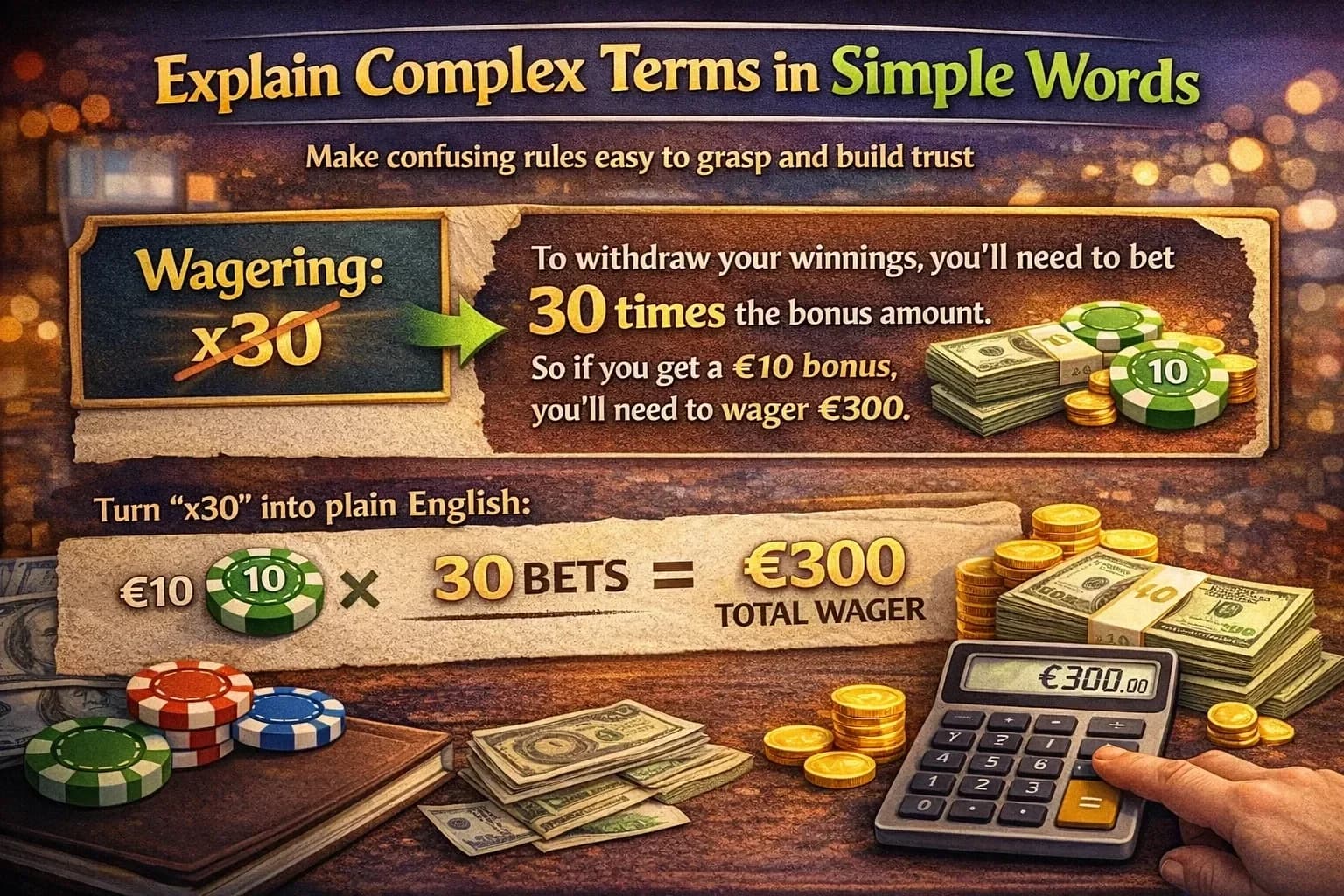 Simplifying complex bonus terms and wagering requirements for readers