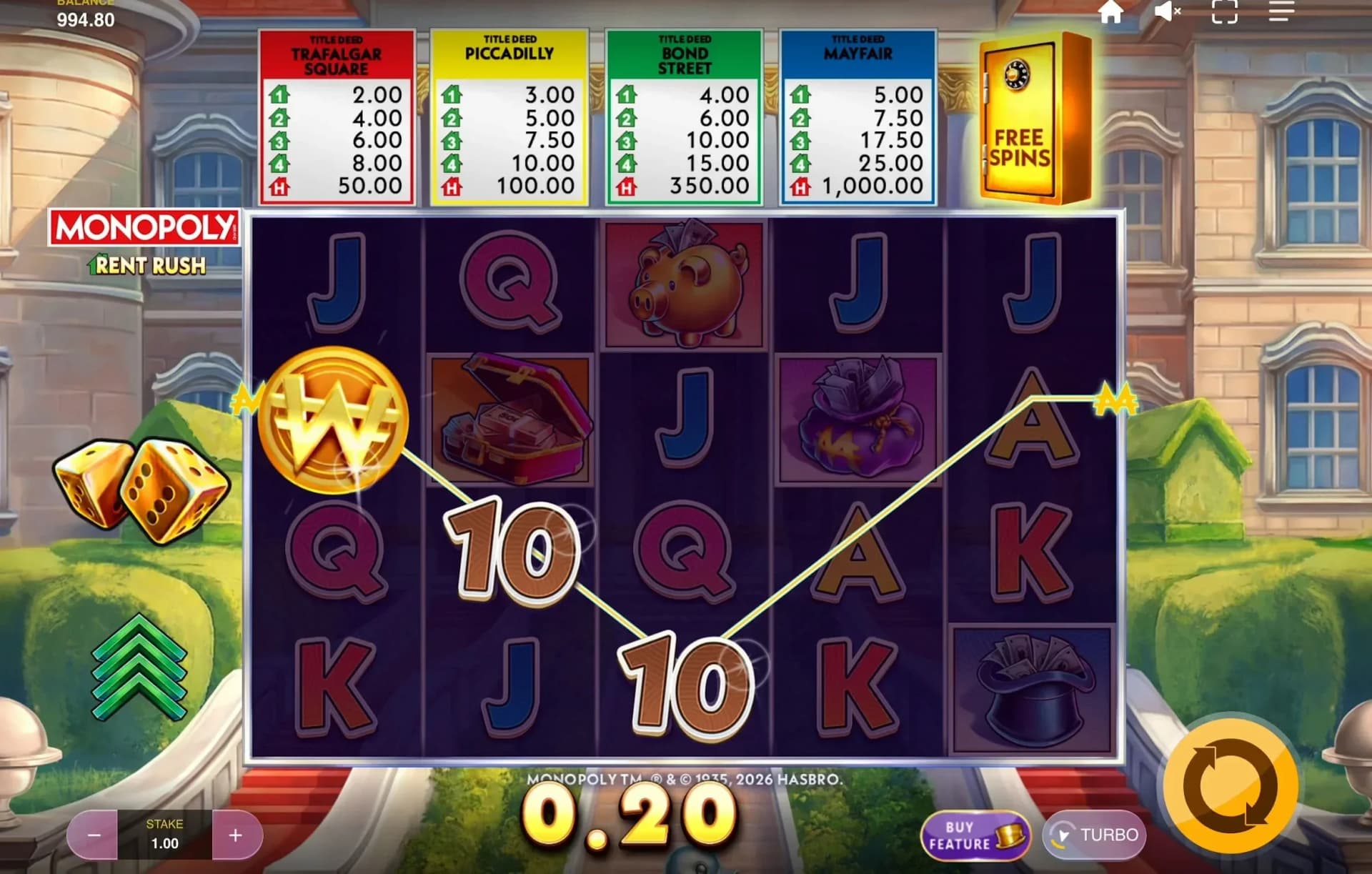 Wild symbols substitute for paying combinations in MONOPOLY Rent Rush mechanics.